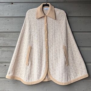 VTG 70s Knit 100% Acrylic Cape Coat Beige Tan
